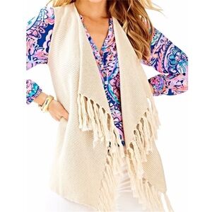 Lilly Pulitzer Andella Cream & Gold Fringe Knit Vest Sleeveless Cardigan Size XS